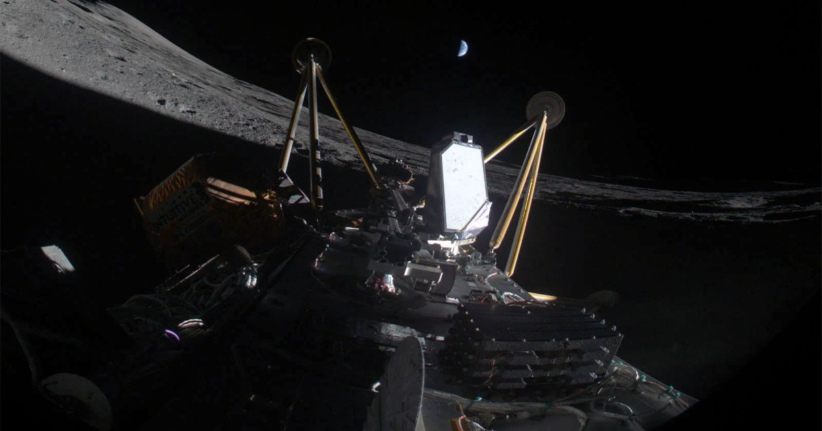 Intuitive Machines' Athena lunar lander, sitting on its side, after experiencing problems landing near the moon’s south pole March 6. Credit: Intuitive Machines